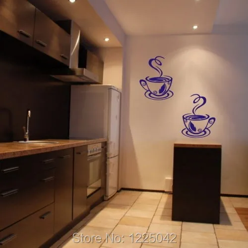 free shipping 2 cups of coffee & tea Kitchen Wall Sticker Vinyl Mural Decal Art Wall Paper Home Decor