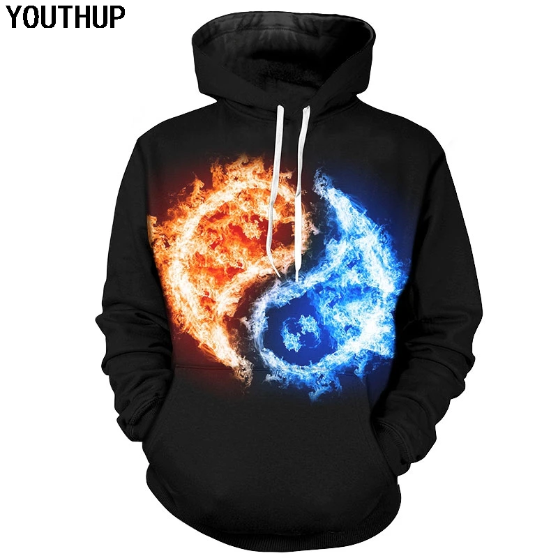 YOUTHUP 2018 Men 3d Hoodies Ice & Fire Tai Chi 3d Print Hooded Sweatshirts For Men Cool Black Hoodies Pullover Hip Hop Tracksuit