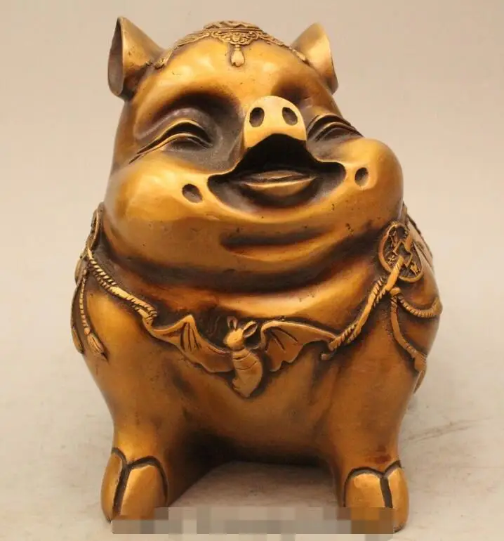 

S03196 8" Chinese Fengshui Bronze Fu Wealth Zodiac Year Pig Chiropter Statue Sculpture B0403
