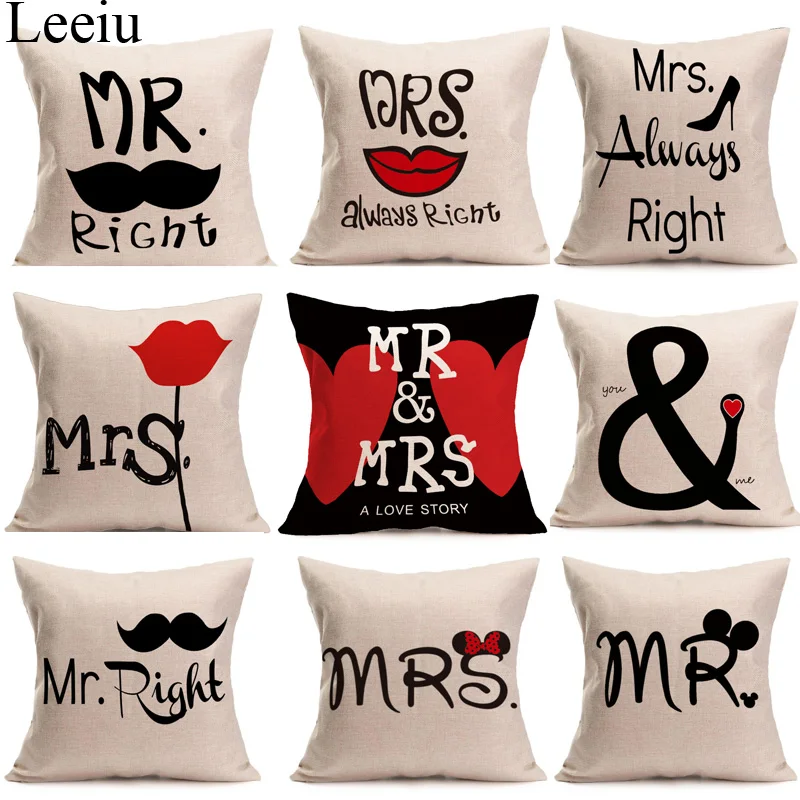 

Leeiu 43x43cm Valentine's Day Sweet Mr Mrs Wedding Pillow Cover Beard Lip Heart Love Wedding Party Decoration For Home
