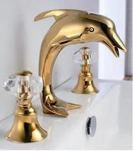 Free Shipping Gold Color Dolphins Design Hot Cold Bathroom Sink