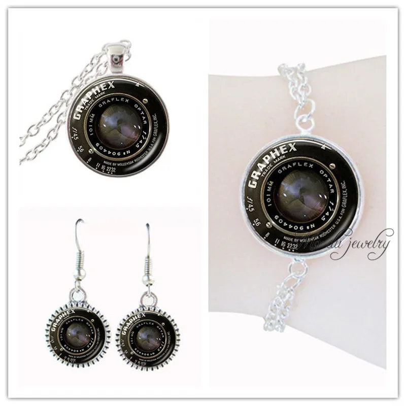 

Fashion camera lens jewelry sets camera necklace set glass cabochon drop earrings silver chain bracelet for women jewellery set
