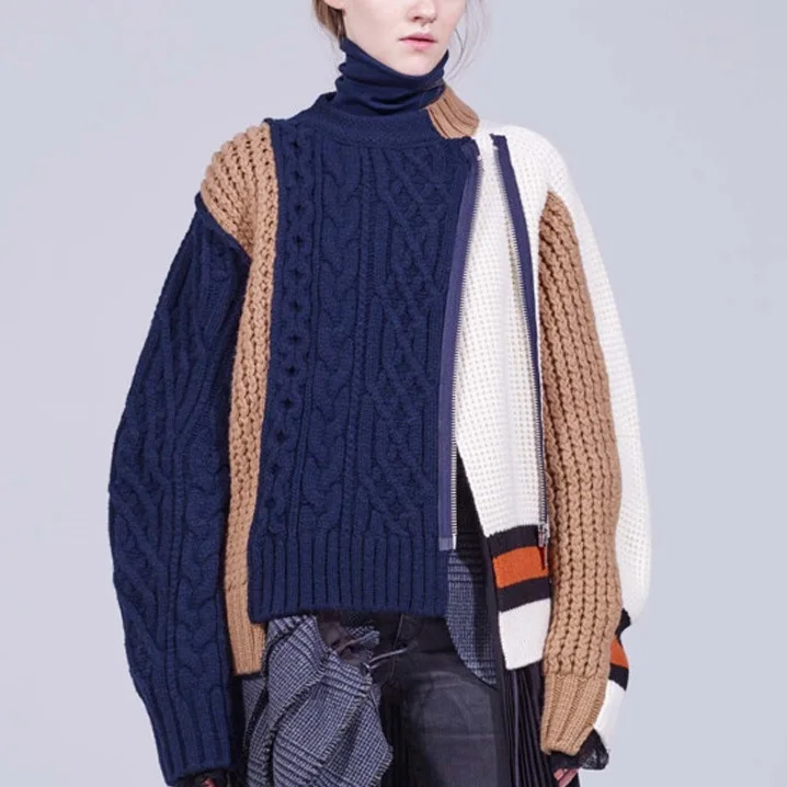 

autumn winter fashion women sweater long sleeve patchwork runway designer knitted jumper sweater coat cardigans jacket F168