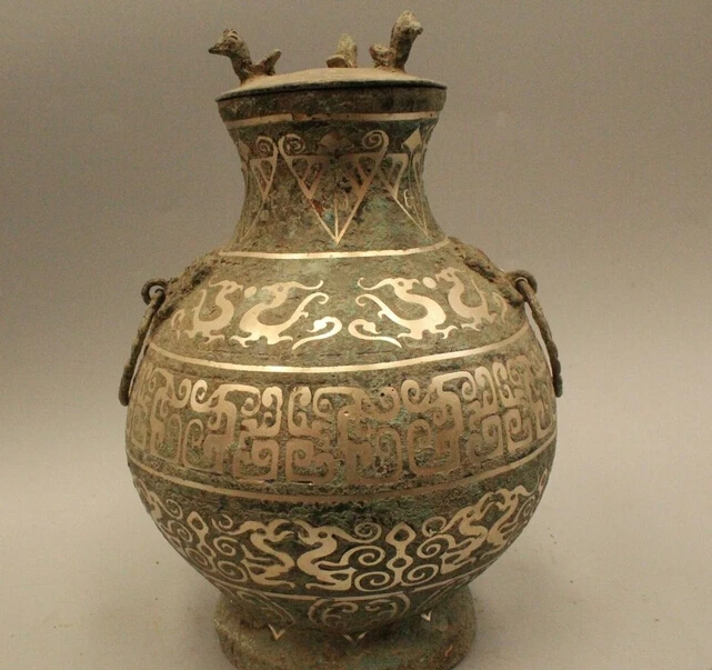 

wholesale factory 9"Ancient Chinese Dynasty Palace Old Bronze Silver Beast flagon wine pot Cup