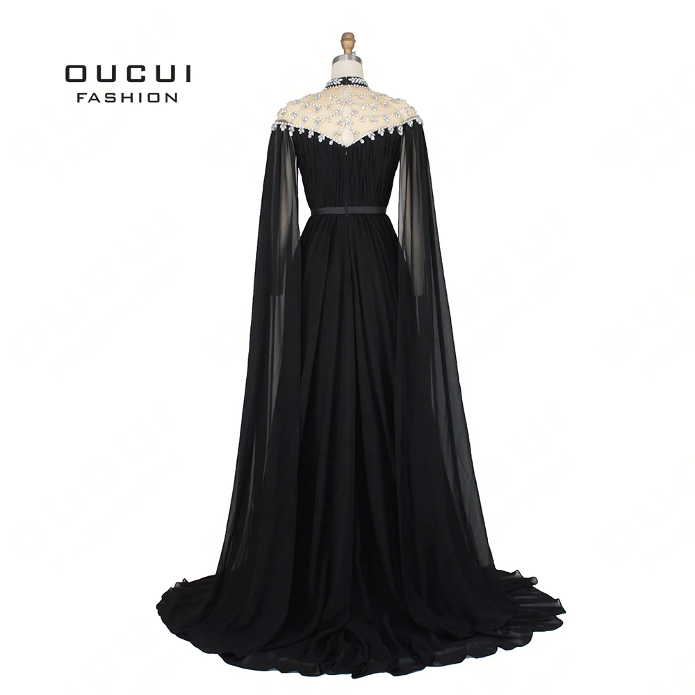 Kaftan Abiye Black 2019 Evening Dresses Long Sleeves Cap Beading Crystal Chiffon Formal Dress Women Elegant Vestido OL103163 Kaftan Abiye Black 2019 Evening Dresses Long Sleeves Cap Beading Crystal Chiffon Formal Dress Women Elegant Vestido OL103163
