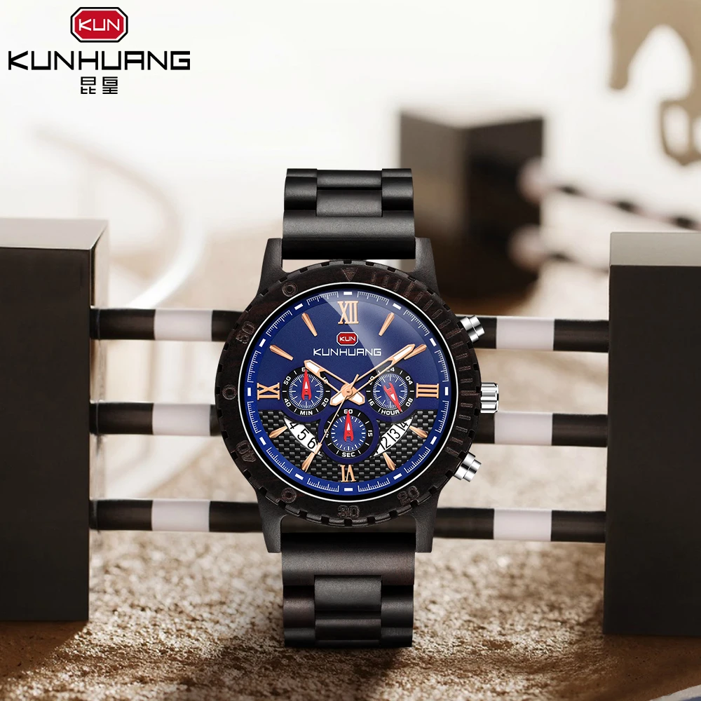 KUNHUANG полный черный модный синий циферблат спортивные деревянные кварцевые наручные часы мужские часы древесный браслет подарочные