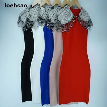 

New Fashion Women Bandage Dress Black White Pink Red Blue V-Neck Summer Dress Vestido Beads Evening Club Party Bodycon Dresses