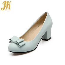 J&K 2017 Big Size 32-43 Shoes Heels Woman Sweet Butterfly Knot Shallow Spring Pumps Shoes Women Solid Thick Heeled Casual Pumps