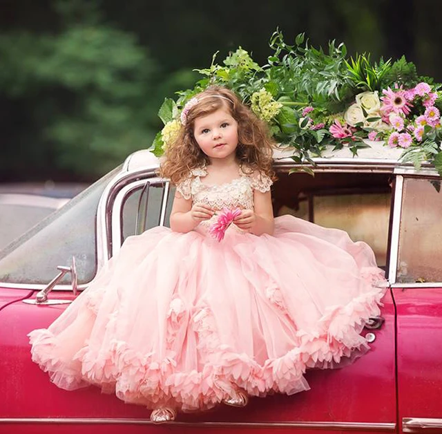 Cheap 2016 Little Baby Girls' Party Dresses Square Neckline Cap Sleeve Ball Gown Pink Little Flower Girls' Dresses