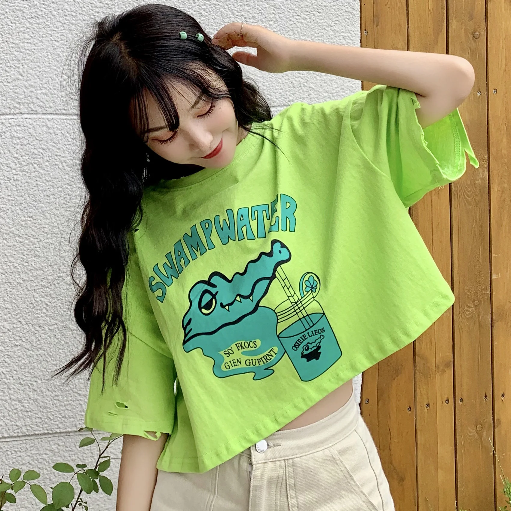 Harajuku Ulzzang милый топ с мультяшным принтом топы короткими рукавами в японском стиле