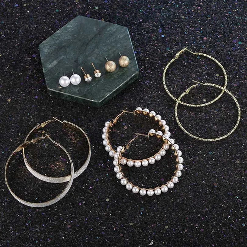 2019 New Fashion Women Girls Multiple Of Creative Diamonds Pearl Matte Large Circle Earrings Ladies Jewelry #E01 (4)