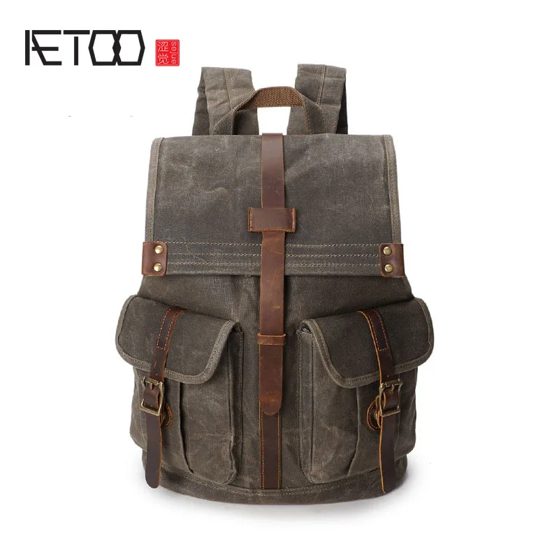 

AETOO Men's Oil wax canvas Backpack Shoulders vintage Travel Mountaineering Bag Waterproof Travel Shoulder Bag