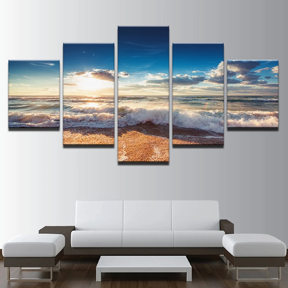 

Wall Art Canvas Print Paintings Home Decor Framework 5 Pieces Sunshine Beach Sea Waves Seascape Pictures Modular Blue Sky Poster