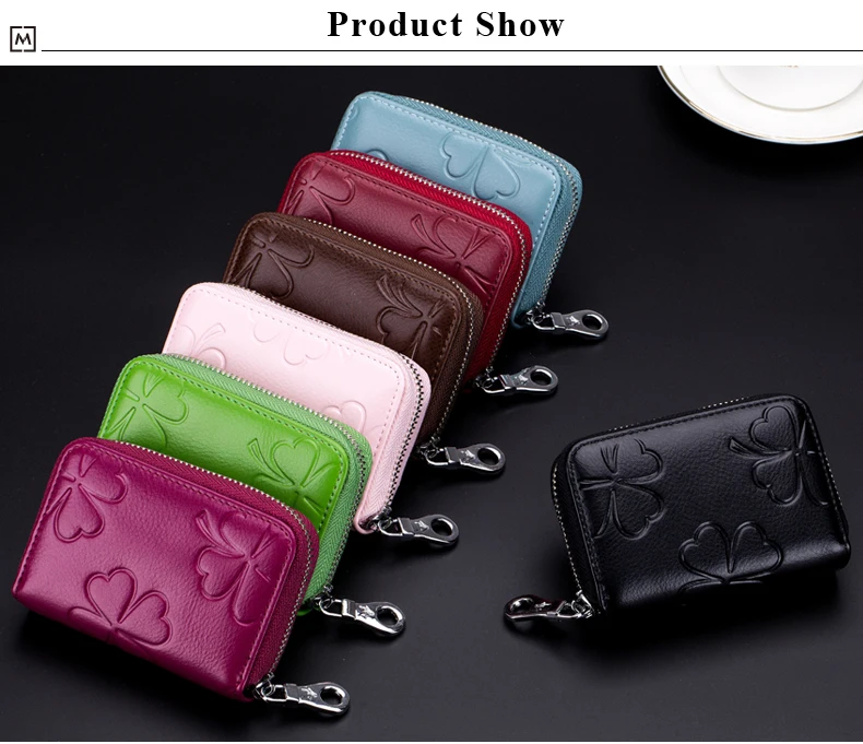 Lomelobo Lady Flower Card Holder Split Leather Girl Zipper Coin Purse Women Business Card Cowhide Female Credit ID Cards Wallets HCL7132  Details (10)