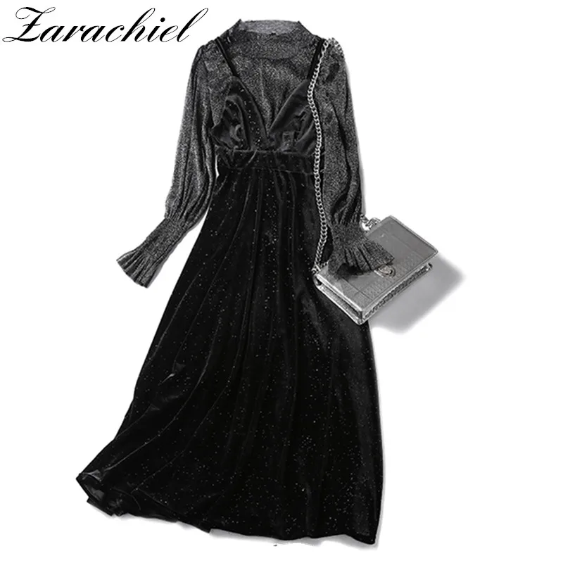 

2019 Autumn Women Fashion See Through Bright Silk Top and Sequined Velvet Long Dress Ladies Vintage 2 Piece Set