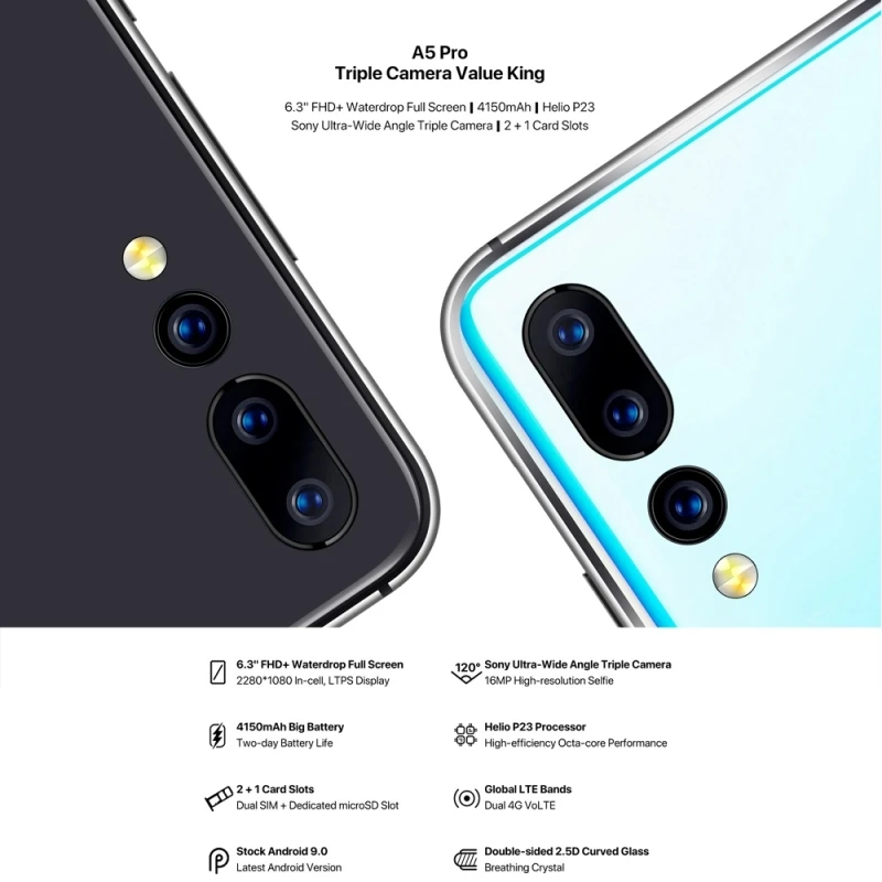 UMIDIGI A5 Pro смартфон 6,3 ''полный экран 4 Гб+ 32 ГБ Android 9,0 мобильный телефон 16 МП Тройная задняя камера глобальная Двойная 4G