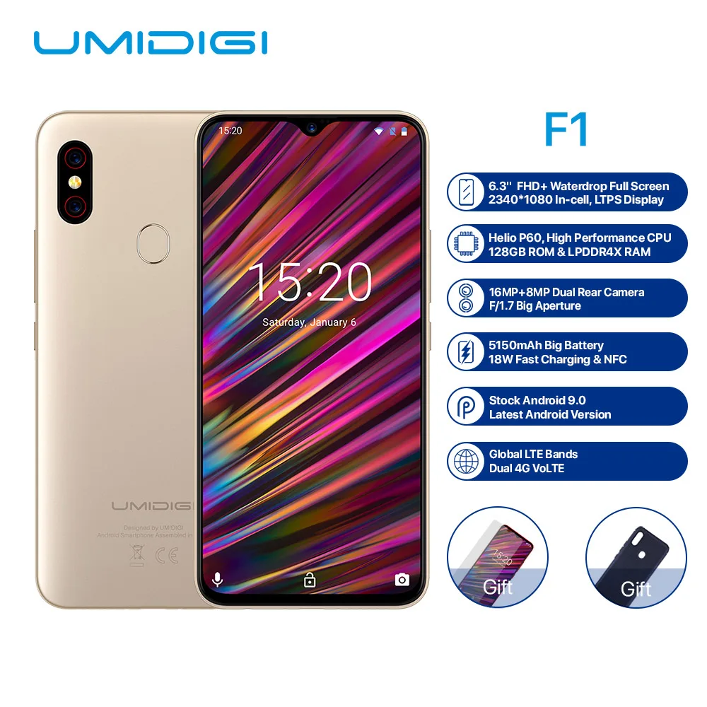 UMIDIGI F1 мобильный телефон Android 9,0 6,3 дюймов FHD+ 128 Гб rom 4 Гб ram Helio P60 Восьмиядерный 5150 мАч Быстрая зарядка NFC 16 МП смартфон