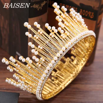 

Pearl Crown Headband Gold Color Queen Diadem Bride Tiara Rhinestone Round Crown Birthday Pearl Tiara Wedding Hair Accessories
