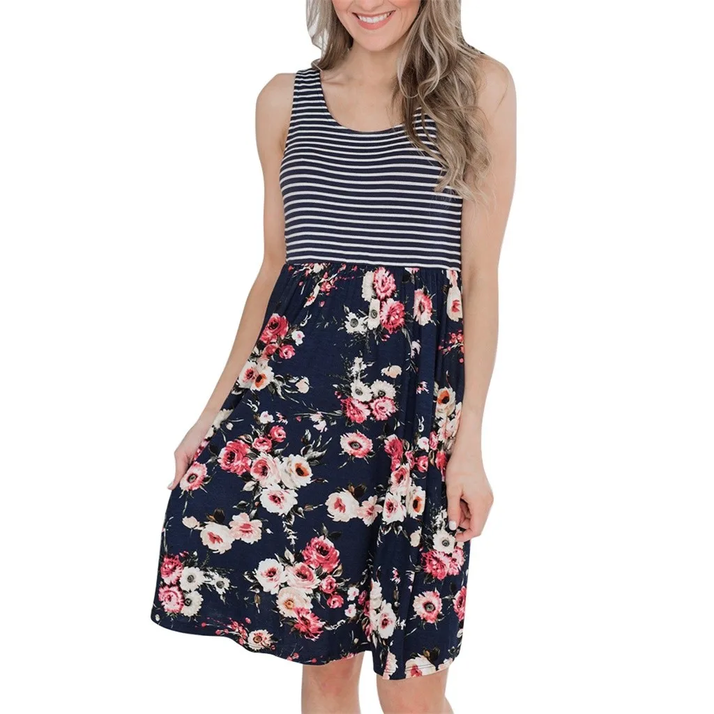 

Summer Sundress Women Dress O Neck Sleeveless Striped Pocket Black Floral Printed Loose Tank Mini Dress L506