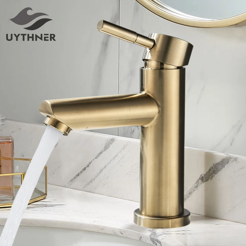 Brushed Gold Bathroom Faucet Solid Brass Bathroom Basin Faucet Cold And Hot Water Mixer Sink Tap Single Handle Deck Mounted Tap Basin Faucets Aliexpress