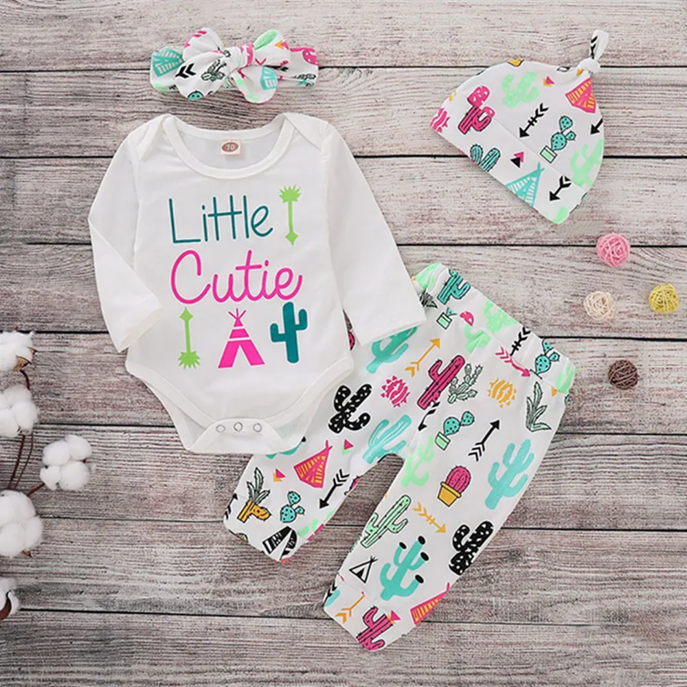 Baby Girls Clothes Set Kids Spring Autumn Valentines Outfit Cute Ropa Infantil Long Sleeve White Letter Printing + Cactus Pants
