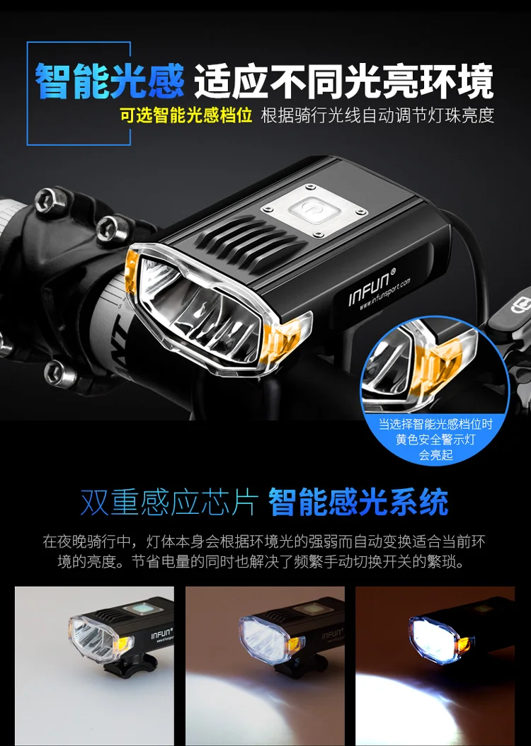 Excellent INFUN GT200 Bike Front Headlight Cycling Bicycle Rechargeable Flashlight 2200 Lumen 6