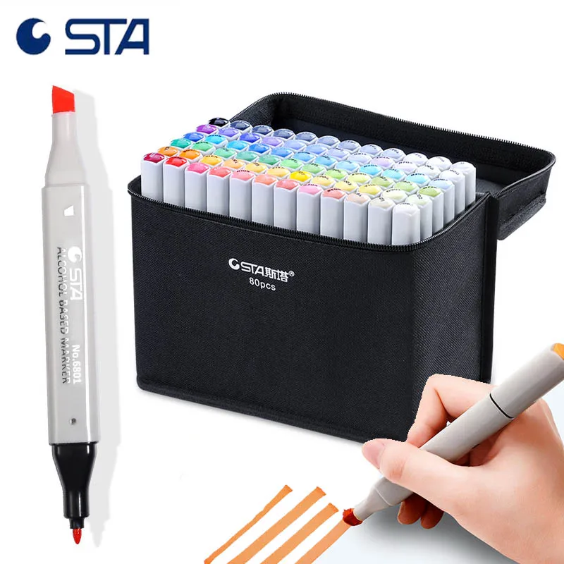 

STA 6801 40 Colored Double-Ended Art Markers Pen Permanent Alcohol Based for Coloring Animation Highlighters Illustration