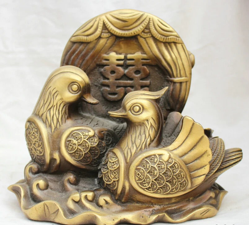 

song voge gem S5755 9" Chinese Fengshui Copper mandarin duck Coin Wealth Double happiness Statue