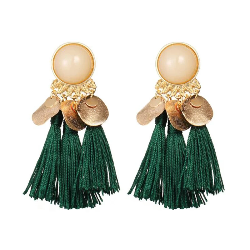 Fashion Ethnic Bohemian Tassel Crystal Long Earrings Black Beige Red Silk Fabric Drop Dangle Tassel Earrings For Women Jewelry