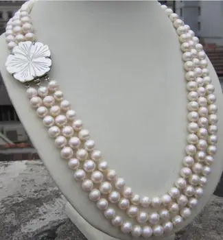 

3 ROW 9-10 MM natural white Pearl Necklace 18-20" Shell flower clasp
