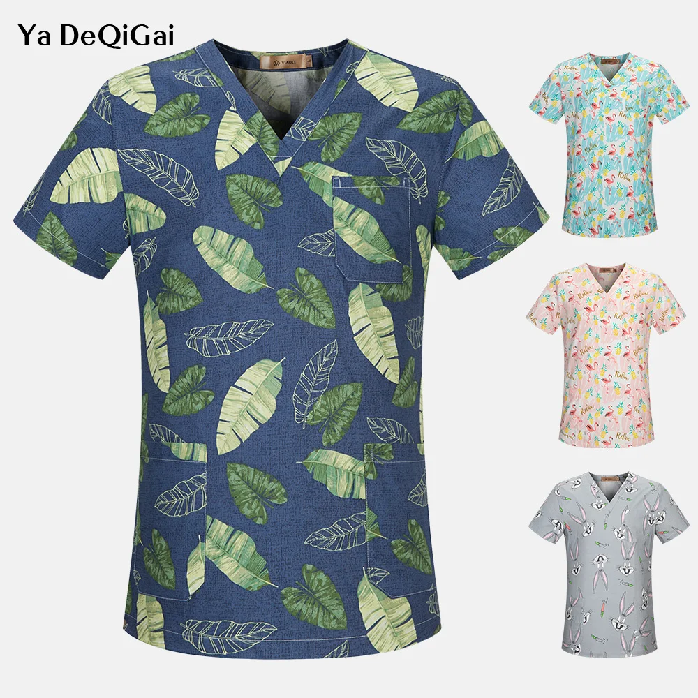 

Print Surgical Medical Uniforms Beauty salon V-Neck new Dentist clinic pharmacy Pet veterinar Uniforms Hospital Nurse Scrub Tops
