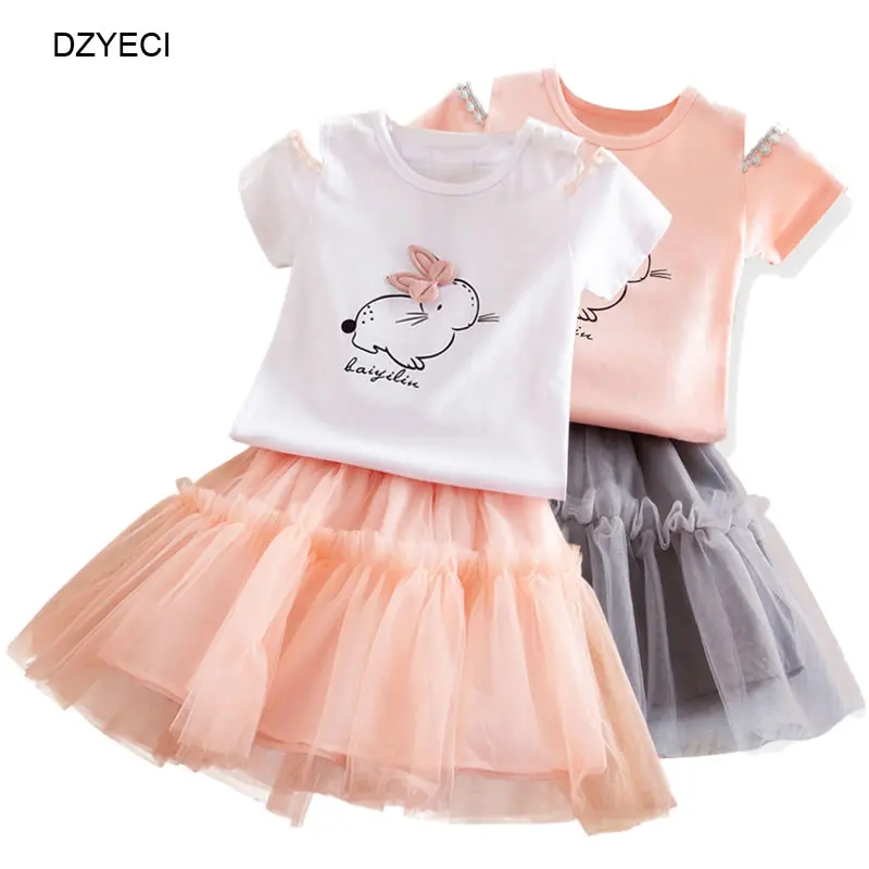 

DZYECI Summer Bunny Unicorn Set For Baby Girl Lace Dress Suit Little Kid Rabbit T Shirt+Rainbow Skirt 2PC Outfit Child Tracksuit