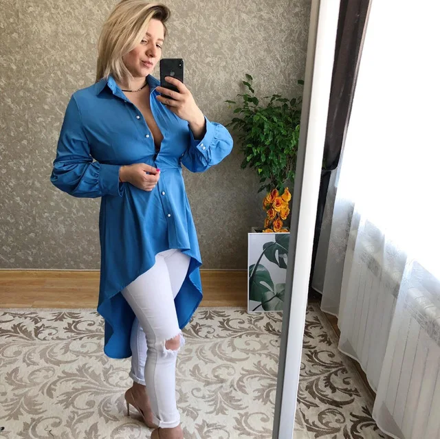 

2019 Newest pring Summer Fashion Irregular Long Shirts Clothing Button Long Sleeve Solid Color Blouse Lantern Sleeve Shirts