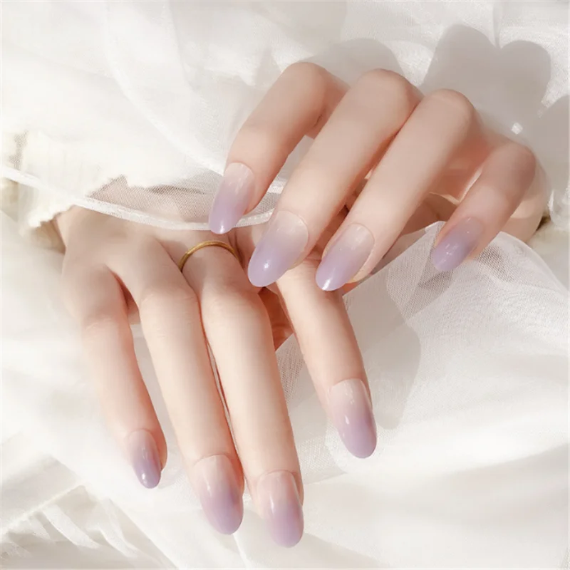 

24pcs Ombre Acrylic Nails Fake Girls Gradient Purple Japanese Oval False Nails Stiletto Artificial Fingernails Gloss Nepnagel