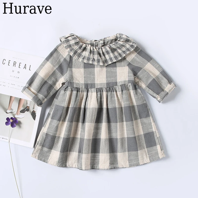 Hurave/осенняя одежда для отдыха для маленьких девочек; клетчатое Хлопковое трикотажное детское платье; милая Одежда для девочек