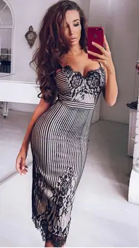 

Top Quality Black Lace Knee Length Rayon Bandage Dress Evening Party Bodycon Mini Dress