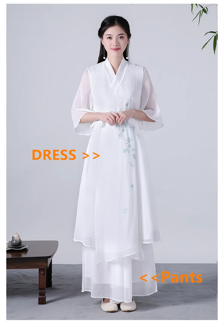 Весенне-осеннее платье Hanfu с поясом, женское хлопковое льняное шифоновое Двухслойное белое Плиссированное женское платье, китайские платья