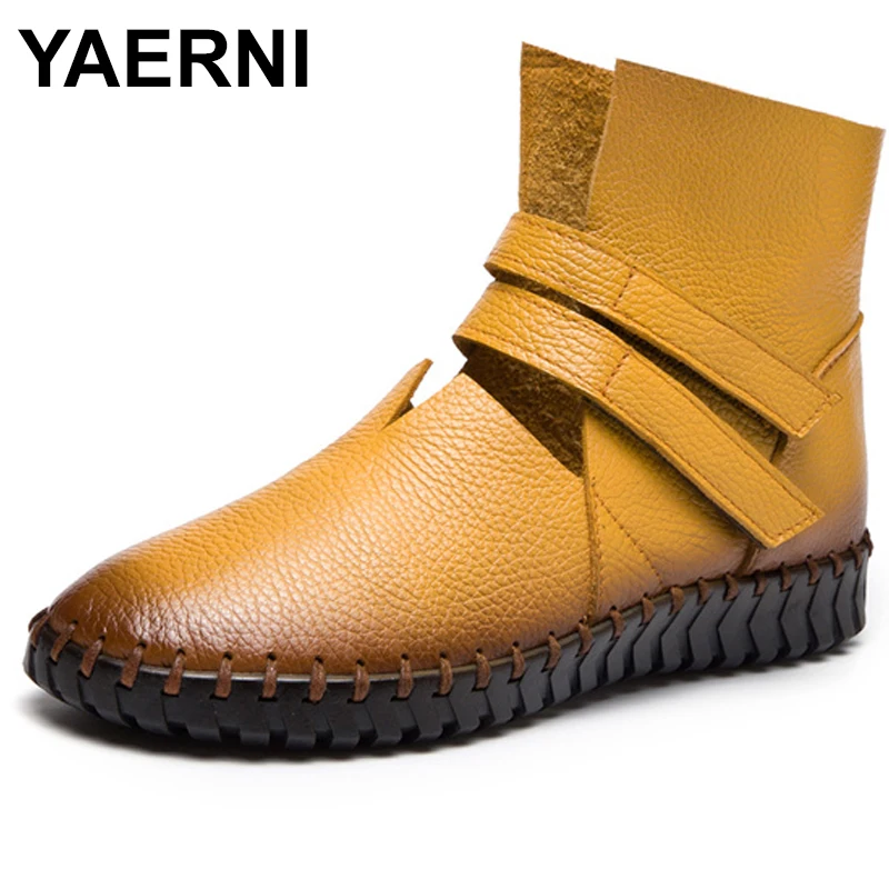 

YAERNI Women Boots Genuine Leather Mid-Calf Boots For Woman Summer Autumn Hook & Loop Female Flat Boots Retro Leather Shoes E616