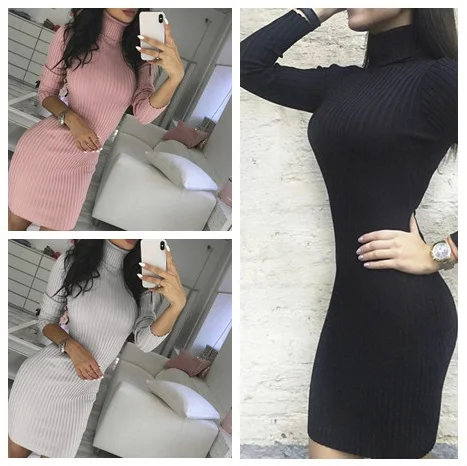 Women Sexy Turtleneck Rib Knit Sweater Dress Autumn Winter Long Sleeve Warm Mini Dresses Elastic Slim Bodycon Dress