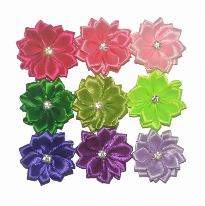 Satin Ribbon Flowers With Rhinestone Multilayers Fabric Flowers