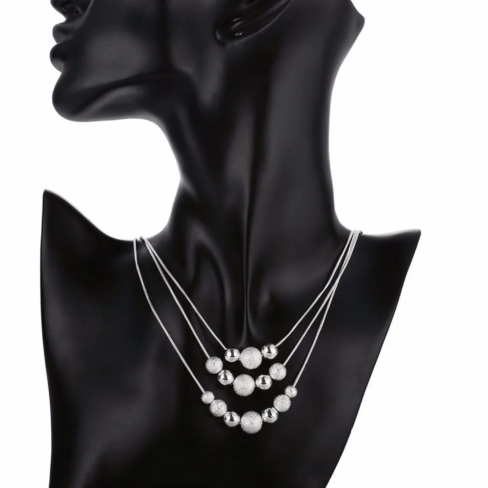 CHUKUI Silver Color Classic Three Chain Light Sand Beads Necklace Three Layers Bead Chain Necklace For Women Wedding Party  (1)