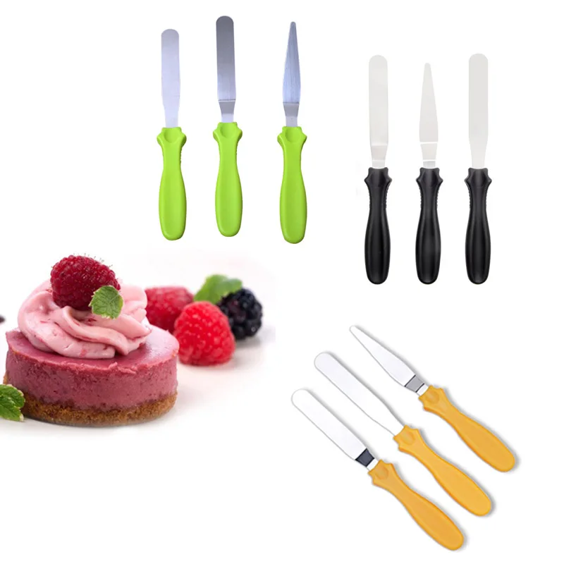 3 Pcs/Set Spatulas Stainless Steel Plastic Handle Curved Icing Cream
