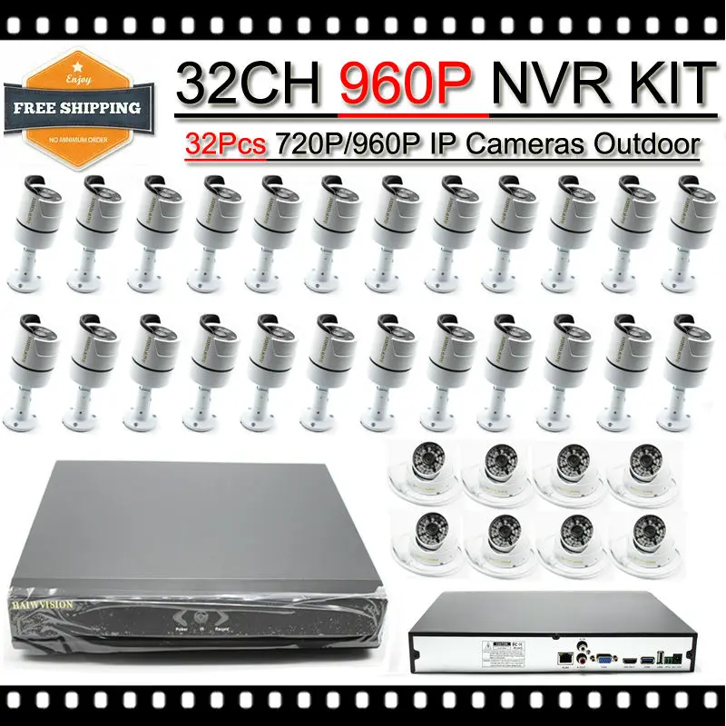  HKES 32pcs IP Camera Surviellance System with nvr 32ch 960P 720P CCTV System Outdoor IP Cam 1MP 2TB Xmeye 