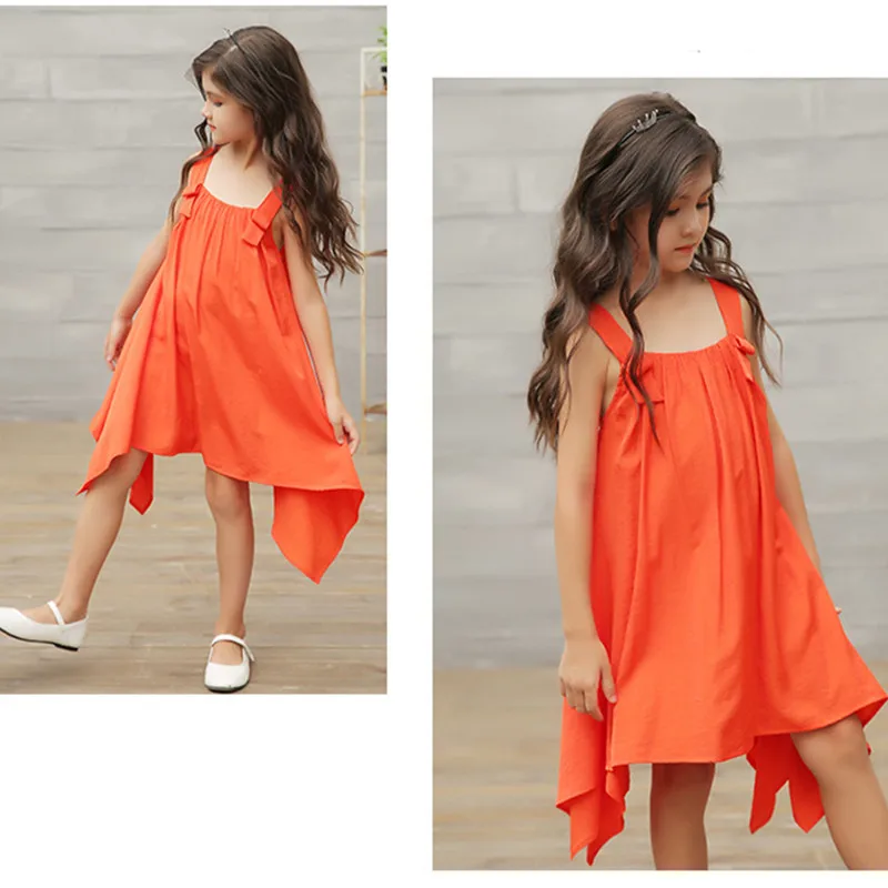 От 4 до 14 лет дети и подросток обувь для девочек Лето однотонный оранжевый Асимметричный повседневное пляжное платье Детская Мода Жилет пла