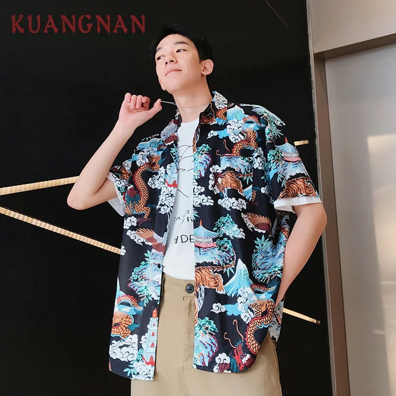 

KUANGNAN Tiger Print Harajuku Shirt Men Streetwear Hawaiian Shirt Men Fashions Blouse Men Shirt Short Sleeve Clothing XXL 2019