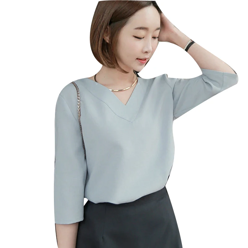 

2018 Half Sleeve Chiffon Blouse Women V-neck Summer Tops Loose Gray White Shirt Elegant Ladies Blouses Chemise Femme