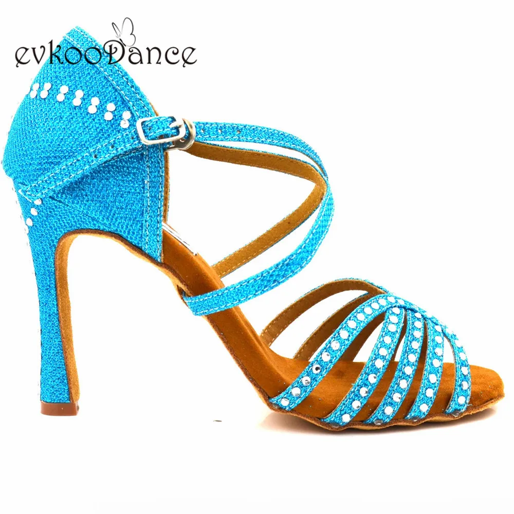 

Evkoodance Blue Shinny Customsize Rhinostone Size US 4-12 10 cm Heel Height Professional Salsa Dance Shoes For Women Evkoo-529