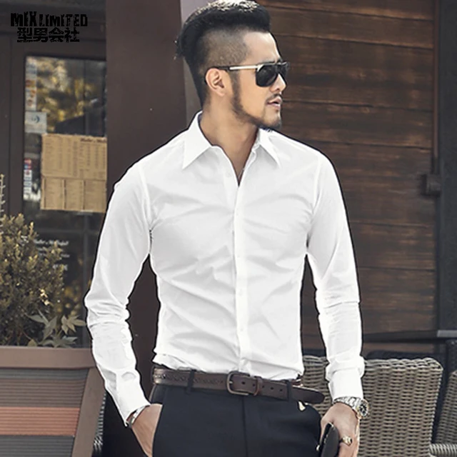 New England Men's Luxury solid white shirt slim fit Dress Shirts Peaked ...
