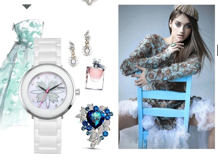 OUPAI керамика s женские часы Lucky Clover в виде ракушки уход за кожей лица дизайн мода diamond леди часы кварцевые керамические часы браслет для