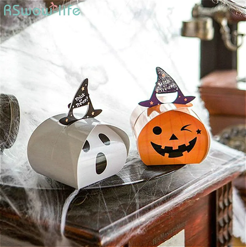 

2pcs Halloween White Ghost Pumpkin Candy Packaging Gift Box Portable Mini Paper Bag Festival Party Supplies